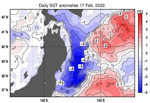 東北周辺海域の海面水温平年差分布図（2月17日）