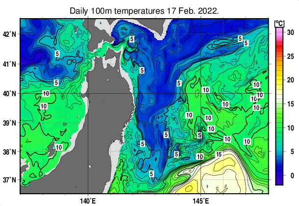 東北周辺海域の深さ100mの水温分布図（2月17日）
