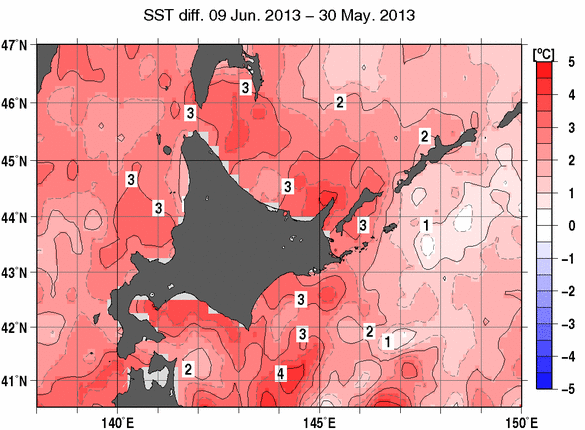 北海道周辺海域の10日間の海面水温変化量分布図（6月9日）