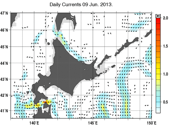 北海道周辺海域の深さ50mの海流分布図（6月9日）