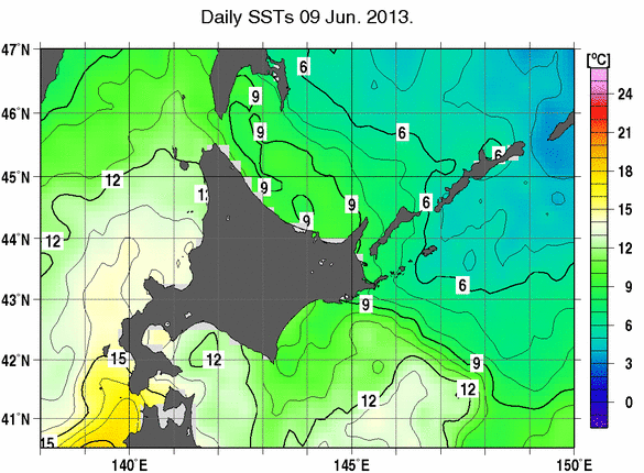 北海道周辺海域の海面水温分布図（6月9日）