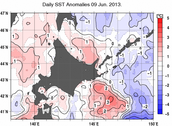 北海道周辺海域の海面水温偏差分布図（6月9日）