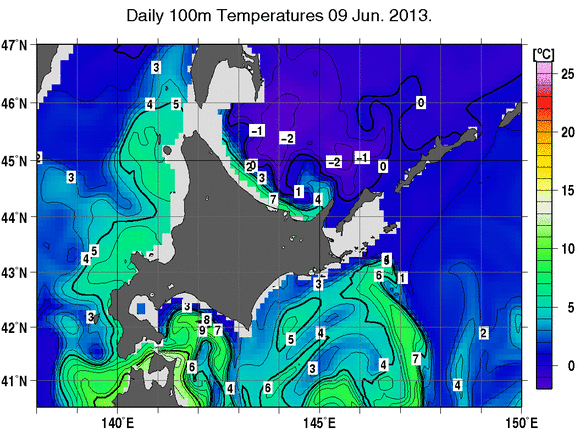 北海道周辺海域の深さ100mの水温分布図（6月9日）