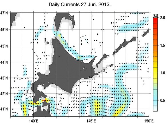 北海道周辺海域の深さ50mの海流分布図（6月27日）