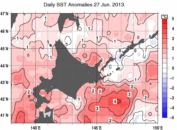 北海道周辺海域の海面水温偏差分布図（6月27日）
