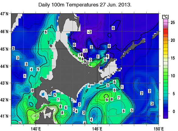 北海道周辺海域の深さ100mの水温分布図（6月27日）