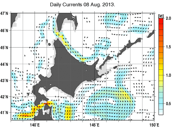 北海道周辺海域の深さ50mの海流分布図（8月8日）