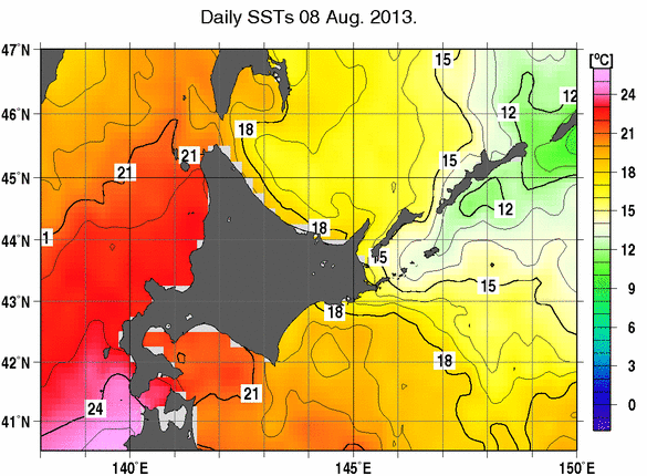 北海道周辺海域の海面水温分布図（8月8日）