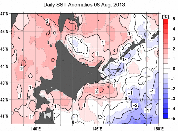 北海道周辺海域の海面水温平年差分布図（8月8日）