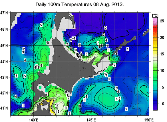 北海道周辺海域の深さ100mの水温分布図（8月8日）