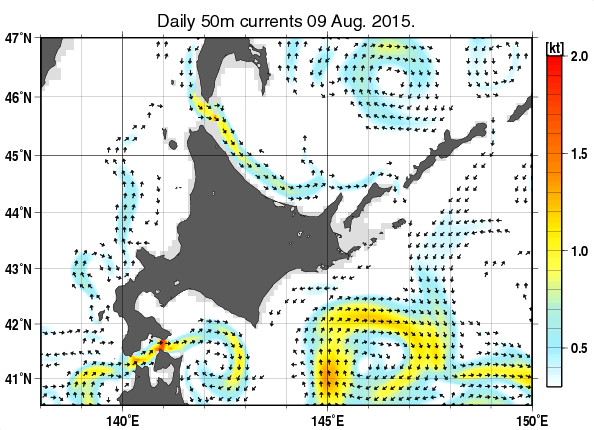 北海道周辺海域の深さ50mの海流分布図（8月9日）