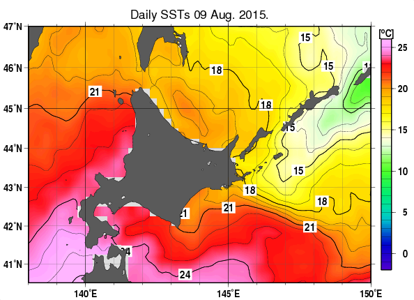 北海道周辺海域の海面水温分布図（8月9日）