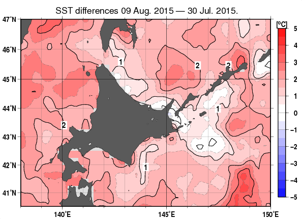 北海道周辺海域の10日間の海面水温変化量分布図（8月9日）