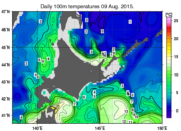 北海道周辺海域の深さ100mの水温分布図（8月9日）