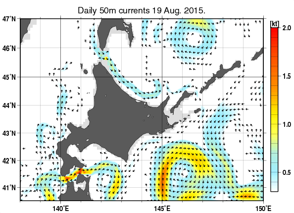 北海道周辺海域の深さ50mの海流分布図（8月19日）