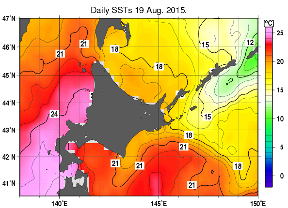 北海道周辺海域の海面水温分布図（8月19日）