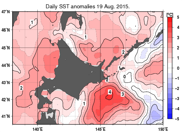 北海道周辺海域の海面水温平年差分布図（8月19日）