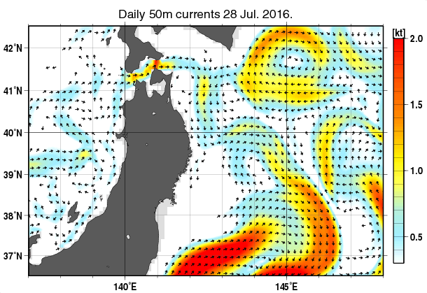東北周辺海域の深さ50mの海流分布図（7月28日）