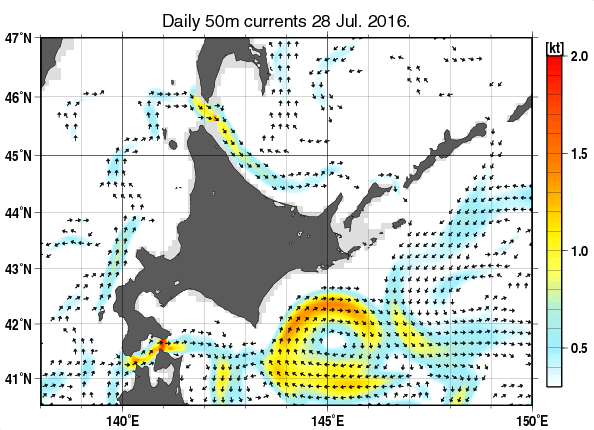 北海道周辺海域の深さ50mの海流分布図（7月28日）