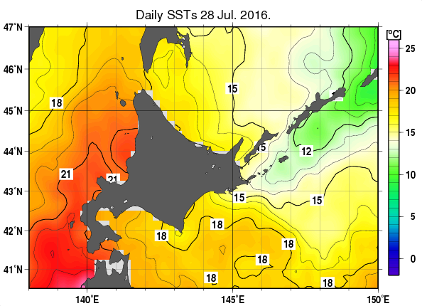 北海道周辺海域の海面水温分布図（7月28日）