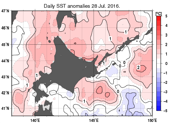 北海道周辺海域の海面水温平年差分布図（7月28日）