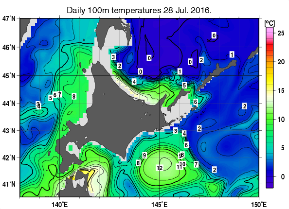 北海道周辺海域の深さ100mの水温分布図（7月28日）