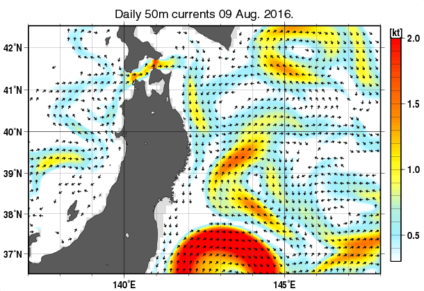 東北周辺海域の深さ50mの海流分布図（8月9日）