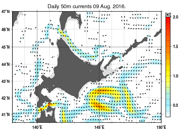 北海道周辺海域の深さ50mの海流分布図（8月9日）