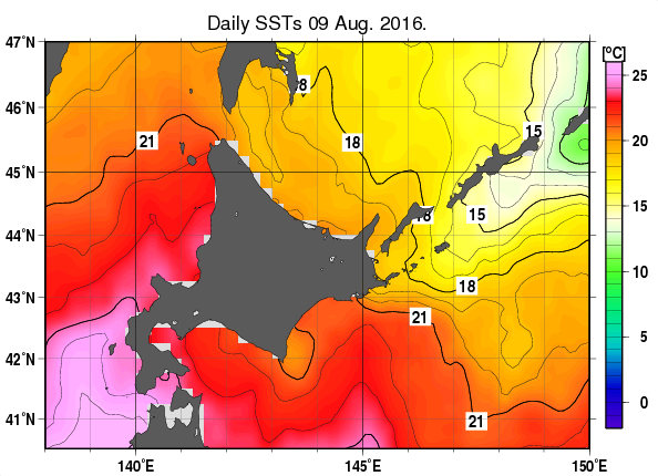 北海道周辺海域の海面水温分布図（8月9日）