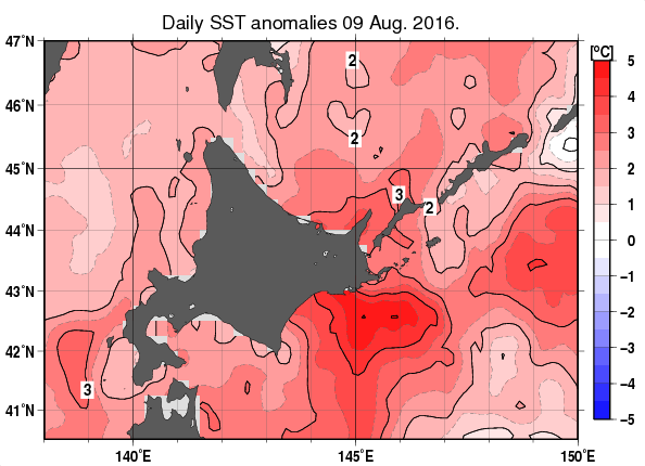 北海道周辺海域の海面水温平年差分布図（8月9日）
