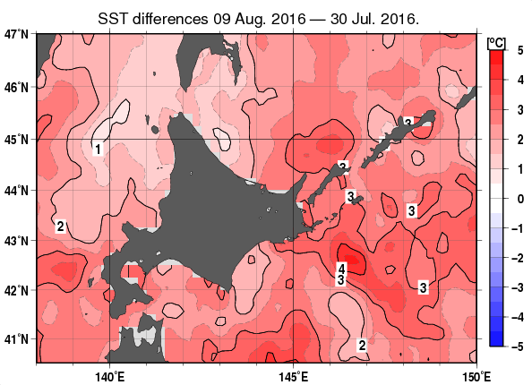 北海道周辺海域の10日間の海面水温変化量分布図（8月9日）
