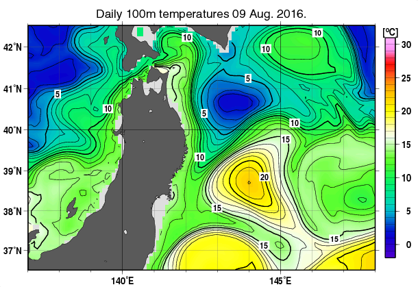 東北周辺海域の深さ100mの水温分布図（8月9日）