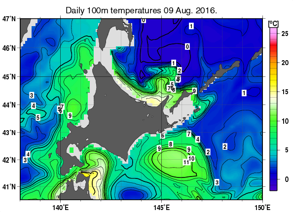 北海道周辺海域の深さ100mの水温分布図（8月9日）