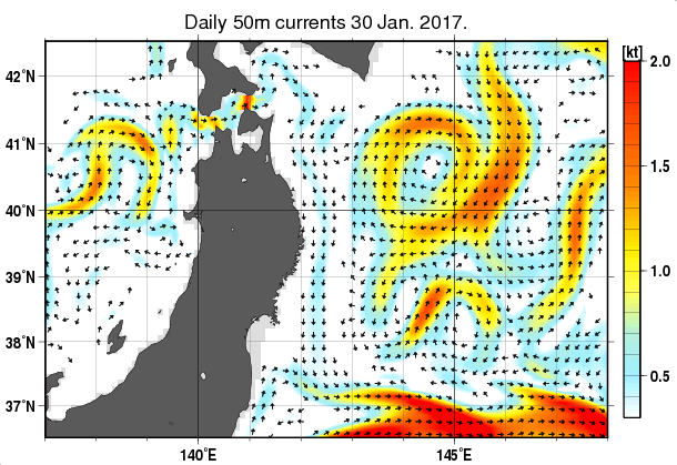 東北周辺海域の深さ50mの海流分布図（1月30日）
