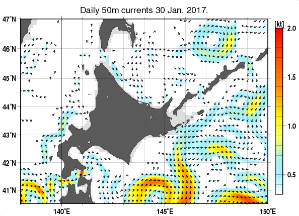 北海道周辺海域の深さ50mの海流分布図（1月30日）