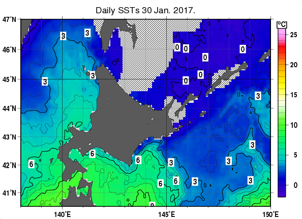 北海道周辺海域の海面水温分布図（1月30日）