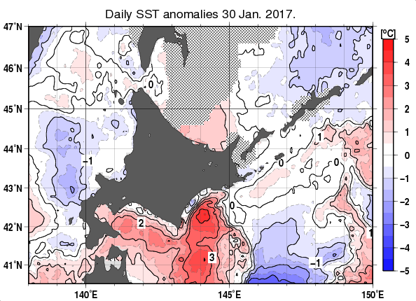 北海道周辺海域の海面水温平年差分布図（1月30日）