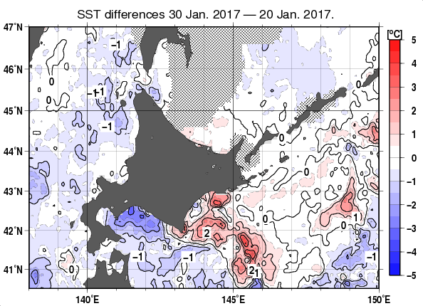 北海道周辺海域の10日間の海面水温変化量分布図（1月30日）