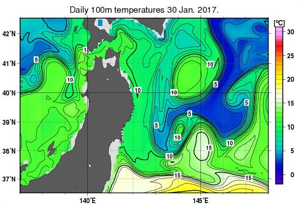 東北周辺海域の深さ100mの水温分布図（1月30日）
