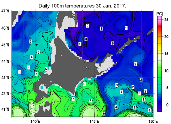 北海道周辺海域の深さ100mの水温分布図（1月30日）