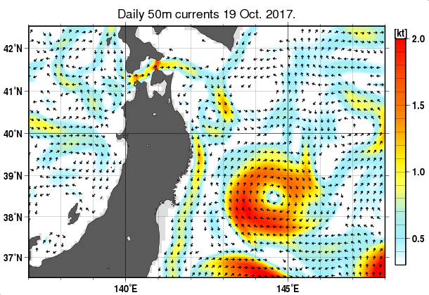東北周辺海域の深さ50mの海流分布図（10月19日）