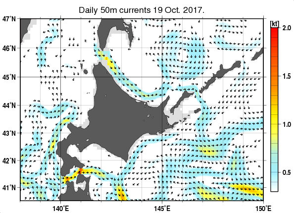 北海道周辺海域の深さ50mの海流分布図（10月19日）