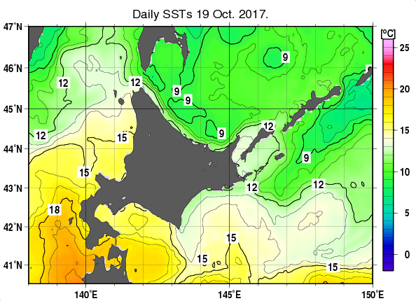 北海道周辺海域の海面水温分布図（10月19日）