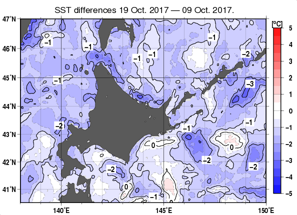 北海道周辺海域の10日間の海面水温変化量分布図（10月19日）