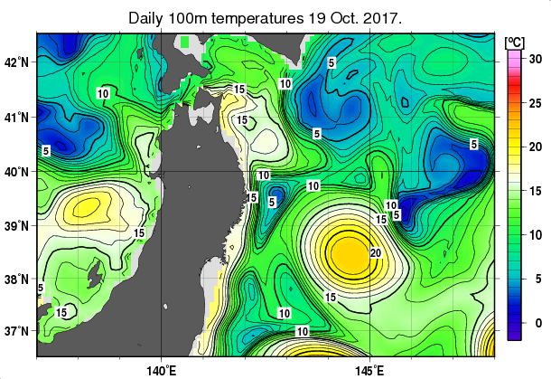 東北周辺海域の深さ100mの水温分布図（10月19日）
