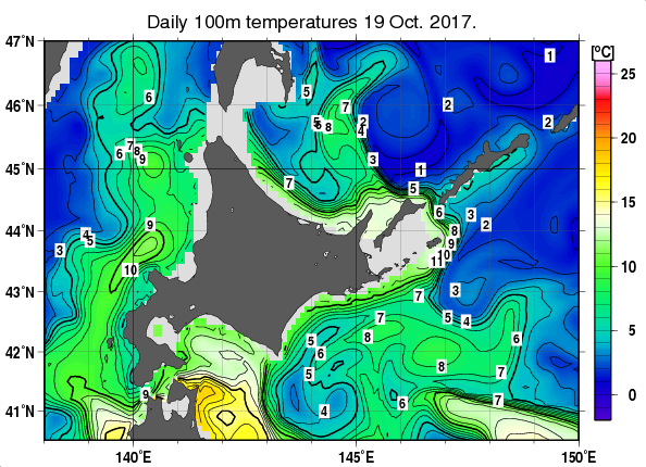 北海道周辺海域の深さ100mの水温分布図（10月19日）