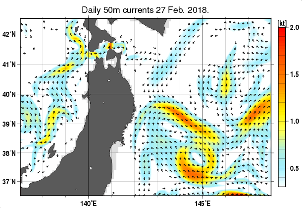 東北周辺海域の深さ50mの海流分布図（2月27日）