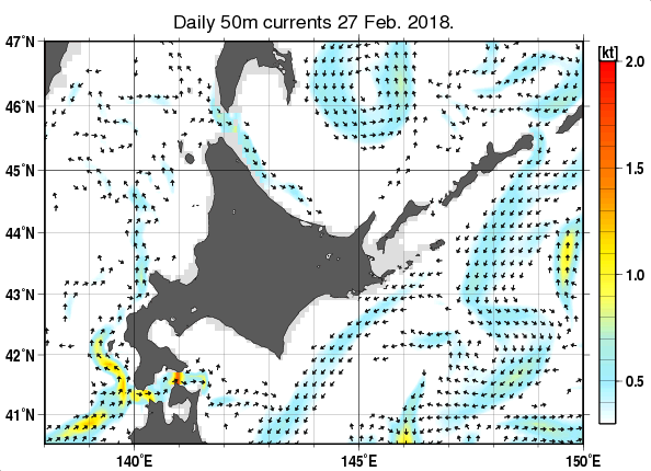 北海道周辺海域の深さ50mの海流分布図（2月27日）