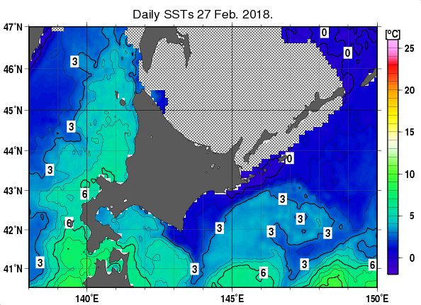 北海道周辺海域の海面水温分布図（2月27日）