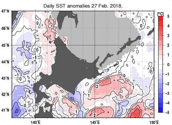北海道周辺海域の海面水温平年差分布図（2月27日）